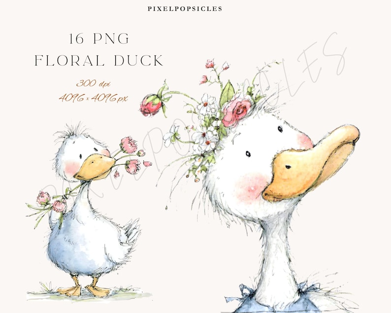 May include: Watercolor illustration of two white ducks with floral accents. One duck holds pink flowers in its beak, while the other wears a floral crown. The image includes the text "16 PNG FLORAL DUCK".