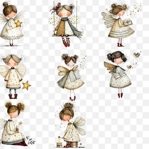 May include: A collection of whimsical illustrations of fairy-like figures with wings, dressed in cream-colored dresses with star and polka dot patterns. Each figure has brown hair and is depicted with various accessories, such as stars, musical notes, and candles.