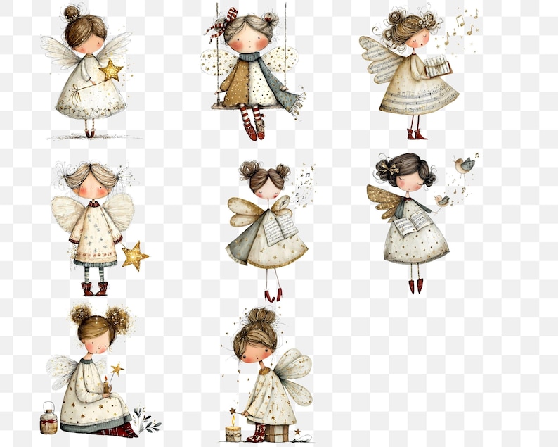 May include: A collection of whimsical illustrations of fairy-like figures with wings, dressed in cream-colored dresses with star and polka dot patterns. Each figure has brown hair and is depicted with various accessories, such as stars, musical notes, and candles.