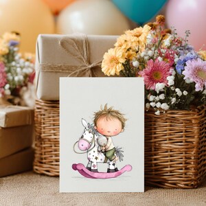 May include: A greeting card featuring a whimsical illustration of a child riding a rocking horse. The card is set against a backdrop of gifts, flowers, and balloons, suggesting a celebration or special occasion. The color palette includes soft pastels and warm tones.