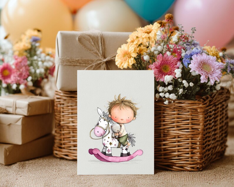 May include: A greeting card featuring a whimsical illustration of a child riding a rocking horse. The card is set against a backdrop of gifts, flowers, and balloons, suggesting a celebration or special occasion. The color palette includes soft pastels and warm tones.