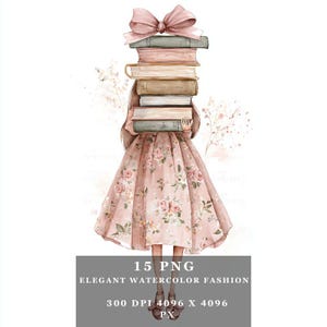 Aquarel mode meisje clipart romantische vintage stijl prinses bloemenjurken boeken, taarten, strikken grafische uitnodigingen, kaarten, tijdschriften