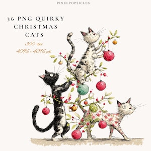 May include: Illustration of three quirky cats decorating a Christmas tree with ornaments. The cats are black, gray and white, and patterned with floral designs. The image includes the text "36 PNG Quirky Christmas Cats".