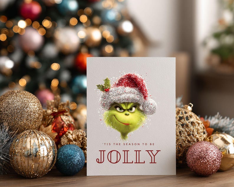 Peut inclure: Carte de No&euml;l avec un personnage de dessin anim&eacute; vert portant un bonnet de P&egrave;re No&euml;l. Le texte "'Tis the season to be JOLLY" est en rouge. Le fond pr&eacute;sente des boules de No&euml;l et un sapin flou.