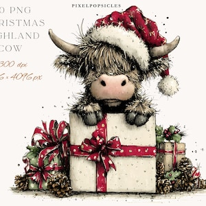 May include: Watercolor illustration of a Highland cow wearing a Santa hat, peeking over a gift box tied with a red ribbon. The image includes text that reads "20 PNG Christmas Highland Cow" and "300 dpi 4096 x 4096 px".