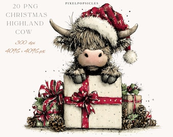 Immagini clipart di mucche delle Highlands natalizie: file PNG per uso commerciale a tema festivo.