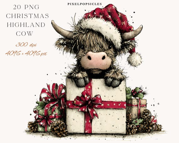 Christmas Highland Cow Clipart: Holiday PNGs for Commercial Use
