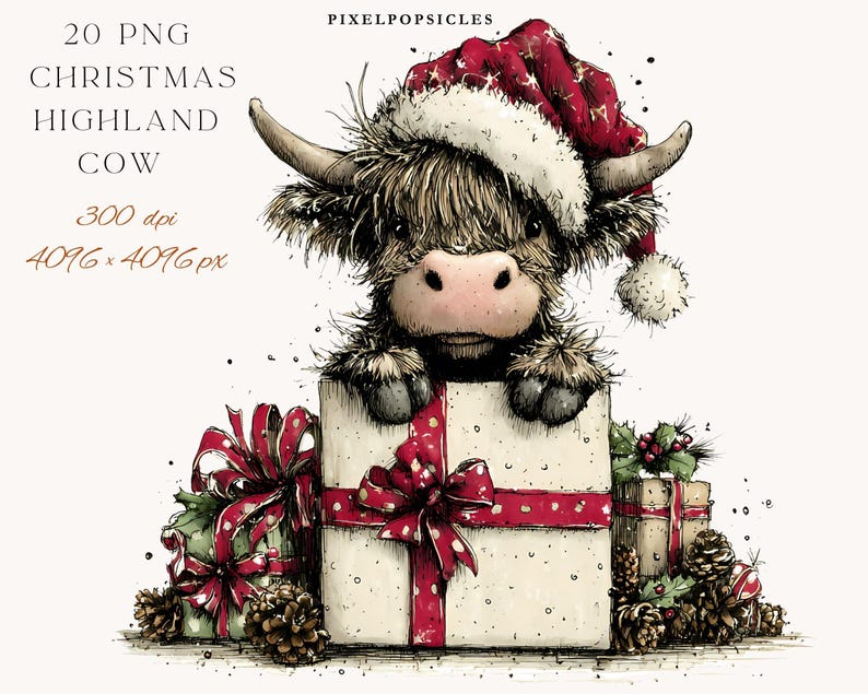 May include: Watercolor illustration of a Highland cow wearing a Santa hat, peeking over a gift box tied with a red ribbon. The image includes text that reads "20 PNG Christmas Highland Cow" and "300 dpi 4096 x 4096 px".