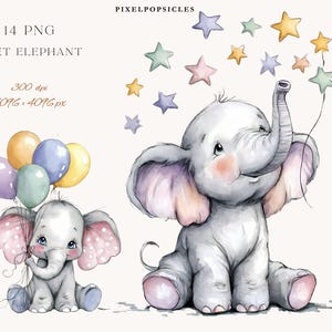 May include: A watercolour illustration featuring two cute grey elephants. One holds balloons, the other reaches for star-shaped balloons. The image includes text: "14 PNG Sweet Elephant" and image resolution details.