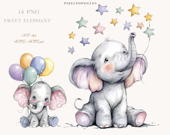Puede incluir: Ilustración en acuarela de dos adorables elefantes grises. Uno sostiene globos, el otro alcanza globos en forma de estrella. La imagen incluye el texto "14 PNG Sweet Elephant" y detalles sobre la resolución.