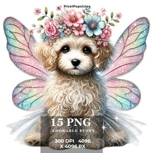 May include: A white fluffy puppy with a pink and blue butterfly wings and a flower crown. The puppy is wearing a white tutu. The image is labeled "15 PNG Adorable Puppy 300 DPI 4096 X 4096 PX".