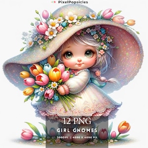 Spring Girl Gnome Clipart Bundle: Watercolor PNG (Digital Download)