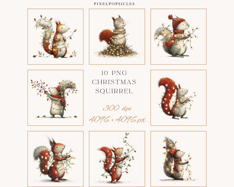 Watercolor Christmas Squirrel Clipart: Woodland Animals With Lights ...