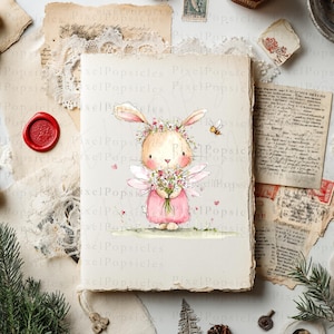 Op de afbeelding: Een rechthoekige papieren afdruk met een aquarelillustratie van een lichtbruin konijn met lange oren, een bloemenkrans en een roze jurk, die een boeket bloemen vasthoudt met kleine witte vleugels en vergezeld wordt door een kleine vliegende bij.