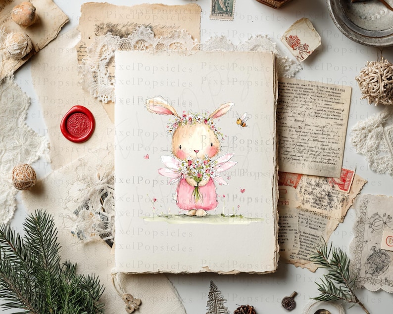 Op de afbeelding: Een rechthoekige papieren afdruk met een aquarelillustratie van een lichtbruin konijn met lange oren, een bloemenkrans en een roze jurk, die een boeket bloemen vasthoudt met kleine witte vleugels en vergezeld wordt door een kleine vliegende bij.