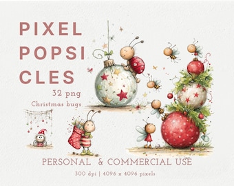 Clipart di insetti natalizi ad acquerello, immagini PNG di insetti festivi (download digitale)
