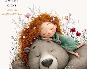 Kids Clipart PNG Bundle – Curly Hair Girls & Animals