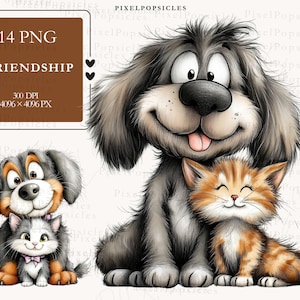 May include: A digital illustration featuring a large grey dog, a smaller dog, and a kitten. The large dog and kitten are embracing. The image includes the text "14 PNG FRIENDSHIP".