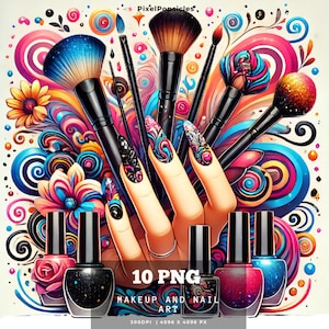 Pode incluir: Uma ilustração colorida de uma mão com unhas pintadas segurando pincéis de maquiagem e frascos de esmalte de unha. O fundo apresenta redemoinhos de cor e flores.