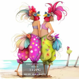 Poulet sur la plage des cliparts, poule d'été drôle JPG, maillot de bain animal de la ferme dessin animé mignon, téléchargement numérique cartes, autocollants, créations de scrapbooking
