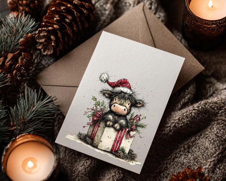 May include: A Christmas greeting card featuring a Highland cow wearing a Santa hat, sitting in a gift box with a red ribbon. The card is on a neutral background with pine cones, greenery, and a lit candle.