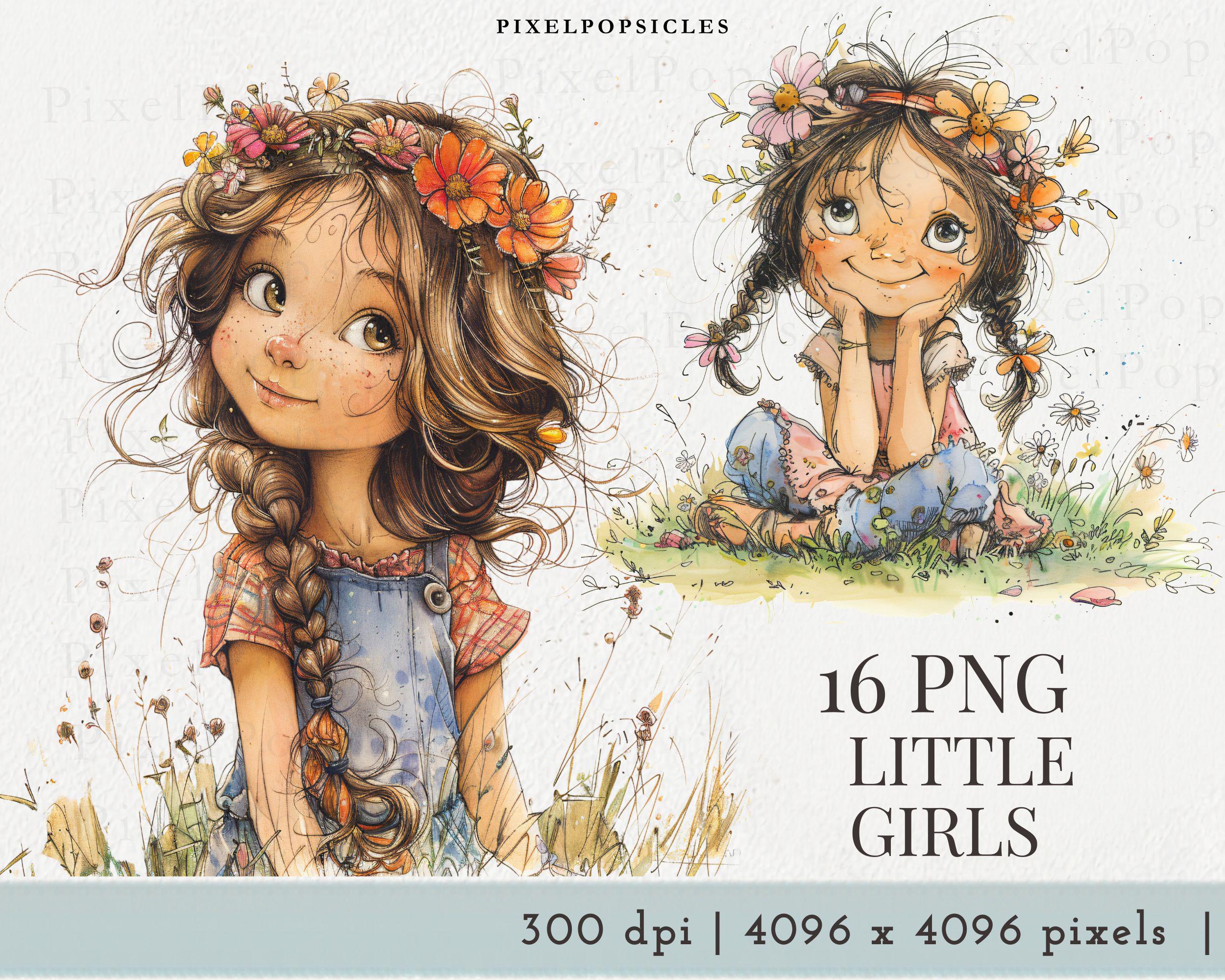 Little Girls and Flowers Clipart Bundle: Watercolor PNG Graphics ...