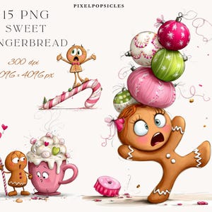 May include: A digital illustration featuring gingerbread characters and Christmas ornaments. One gingerbread person balances ornaments on their head. Other scenes include a gingerbread person on a candy cane and another with a pink mug of whipped cream. Text reads "15 PNG Sweet Gingerbread".