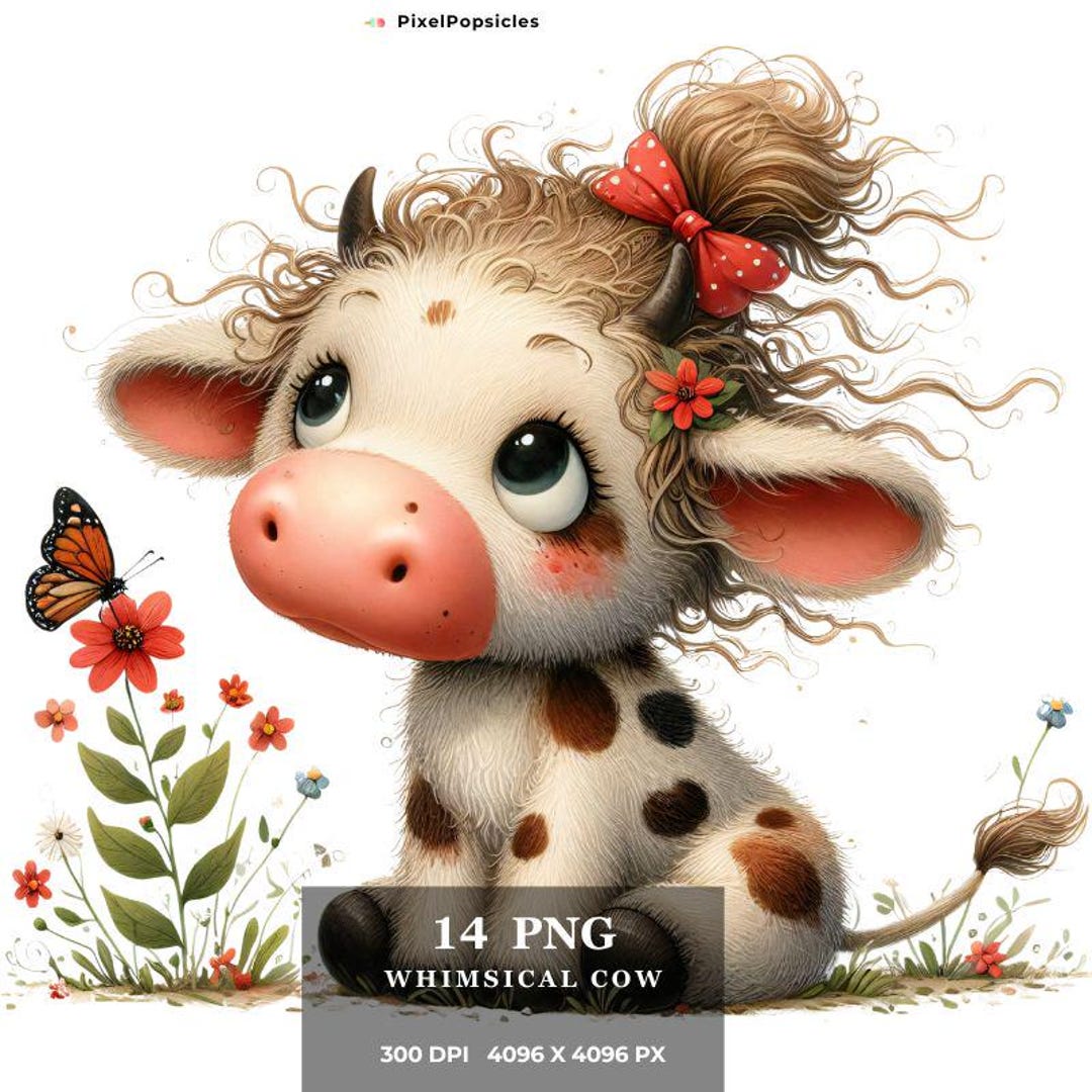 Whimsical Cow Clip Art: 14 PNG Watercolor Illustrations (digital ...