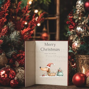 May include: A greeting card with the text Merry Christmas from the Smiths, featuring a watercolor illustration of a dachshund wearing a Santa hat, tangled in string lights, and standing next to a sack of gifts on a white background.