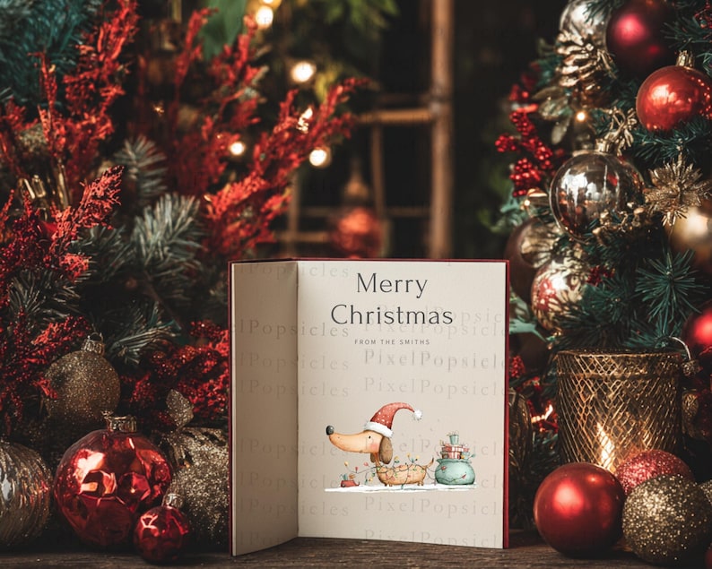 May include: A greeting card with the text Merry Christmas from the Smiths, featuring a watercolor illustration of a dachshund wearing a Santa hat, tangled in string lights, and standing next to a sack of gifts on a white background.