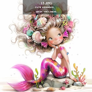 Niedliche Meerjungfrau Clipart – zauberhafte Fantasie jpg, entzückende Meerjungfrau, digitale Kunst für Karten, Aufkleber, T-Shirts, Sublimation & Print on Demand