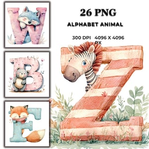 Alphabet Animal Watercolor Clipart – Cute ABC Animal Illustrations for Kids, Nursery Decor, Learning Cards & Digital Projects