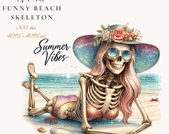 Lustiges Strandskelett-PNG-Clipart-Bundle: Sarkastische Sommerschädel (Digitaler Download) Nr. 1