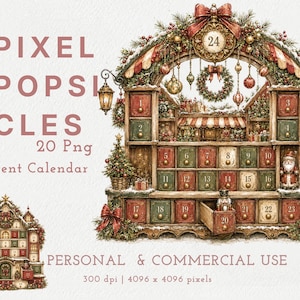 Può includere: Un'illustrazione digitale di un calendario dell'avvento natalizio con ventiquattro cassetti numerati, decorato con rami di pino, ornamenti e una figura di Babbo Natale. Il testo recita PIXEL POPSICLES 20 Png Advent Calendar PERSONAL & COMMERCIAL USE 300 dpi 4096 x 4096 pixels.
