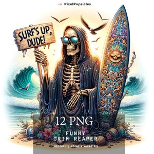 12 Funny Grim Reaper PNG Clipart: Beach Skeleton, Summer Vibes (Digital Download)