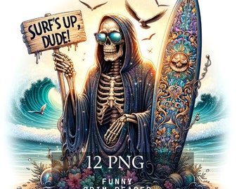 12 Funny Grim Reaper PNG Clipart: Beach Skeleton, Summer Vibes (Digital Download)