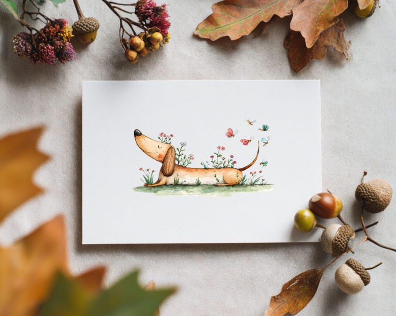 May include: A watercolour illustration on a white card depicts a dachshund dog lying in grass, adorned with flowers and butterflies. The dog is light brown with a long body and floppy ears. The background includes autumn leaves and acorns.