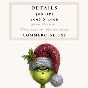 Peut inclure: Illustration num&eacute;rique d'un personnage vert &agrave; l'expression f&acirc;ch&eacute;e, portant un chapeau de P&egrave;re No&euml;l rouge scintillant avec une bande et un pompon argent&eacute;s, et une branche de houx. L'image comprend le texte "DETAILS" et "COMMERCIAL USE".