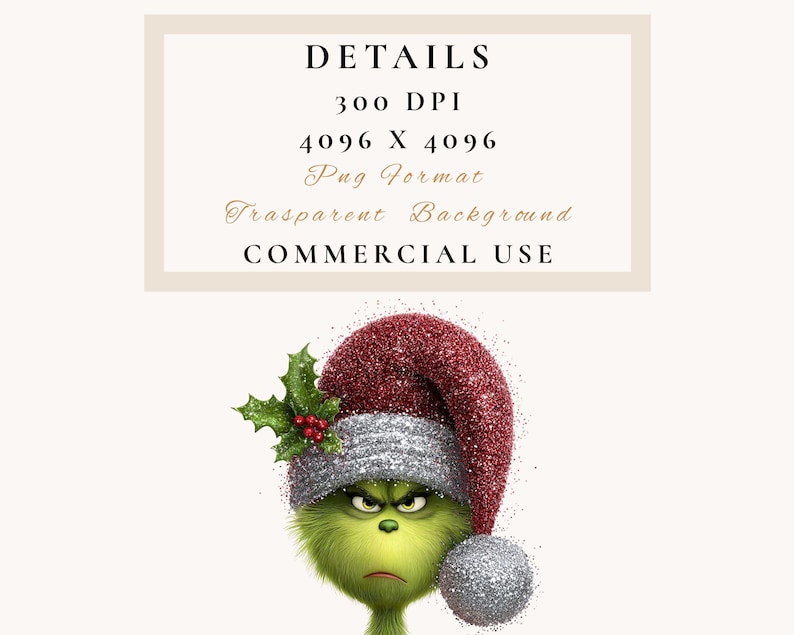 Peut inclure: Illustration num&eacute;rique d'un personnage vert &agrave; l'expression f&acirc;ch&eacute;e, portant un chapeau de P&egrave;re No&euml;l rouge scintillant avec une bande et un pompon argent&eacute;s, et une branche de houx. L'image comprend le texte "DETAILS" et "COMMERCIAL USE".