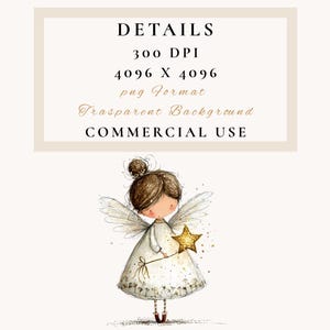 May include: A watercolor illustration of a fairy with brown hair in a bun, wearing a white dress and holding a golden star wand. The fairy has white wings and red shoes. Text at the top reads "DETAILS", "300 DPI", "4096 X 4096", "png Format", "Transparent Background", and "COMMERCIAL USE".