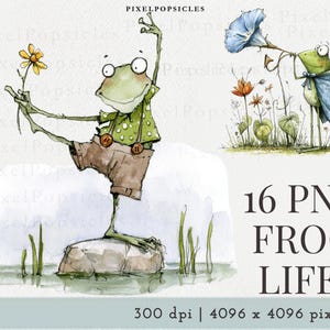 Könnte beinhalten: Ein digitales Illustrationsset mit dem Titel 16 PNG FROG LIFE mit Fröschen im Aquarellstil. Ein Frosch trägt ein grünes gepunktetes Hemd und eine braune Latzhose auf einem Stein mit einer gelben Blume. Ein anderer Frosch trägt einen blauen Umhang.