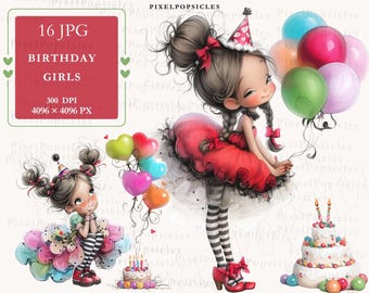 Kunstdruck „Geburtstagskind“, verspielte Partyillustration, Mädchen mit Luftballons, Wanddekoration, JPG-Download