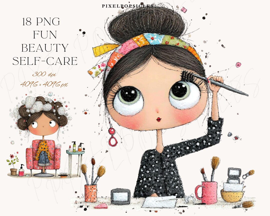 18 PNG Quirky Makeup Day Watercolor Clipart: Fun Beauty Self-care ...