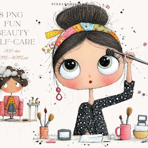 Op de afbeelding: Digitale illustratie van een cartoonvrouw die mascara aanbrengt, met een kleurrijke hoofdband. De tekst "18 PNG FUN BEAUTY SELF-CARE" is inbegrepen. Make-up borstels en een tweede personage zijn ook aanwezig.