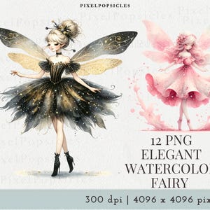 Könnte beinhalten: Aquarellillustration von zwei eleganten Feen. Eine Fee trägt ein schwarzes und goldenes Kleid mit passenden Flügeln. Die andere Fee trägt ein rosa Kleid mit rosa Flügeln. Der Text "12 PNG ELEGANT WATERCOLOR FAIRY" ist ebenfalls sichtbar.