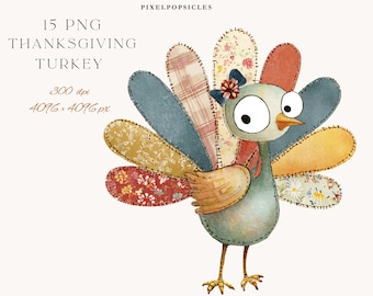 May include: A whimsical illustration of a Thanksgiving turkey with a patchwork design. The turkey has a blue body, large eyes, and a colorful tail with floral and plaid patterns. The image includes the text "15 PNG THANKSGIVING TURKEY".