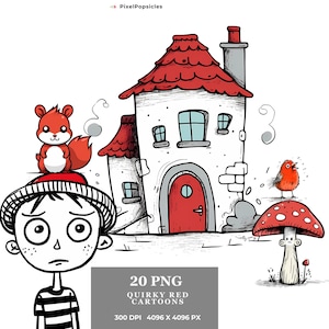 Dessin animé rouge Clipart drôle personnage original anniversaire cartes de vœux, illustrations numériques ludiques, graphiques fantaisistes, téléchargement numérique POD