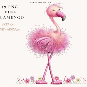 Pode incluir: Uma ilustração extravagante de um flamingo rosa com os olhos fechados, em pé entre pequenas flores. O flamingo tem penas rosa fofas, um bico rosa e pernas e pés com bolinhas. O texto na parte superior diz "PIXELPOPSICLES" e "19 PNG PINK FLAMENGO".