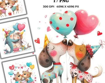 May include: A set of 17 digital illustrations featuring cute animals celebrating birthdays. The illustrations include a dolphin, a deer, two dogs, and two bears. The animals are holding balloons, wearing party hats, and surrounded by colorful confetti. The illustrations are perfect for creating birthday cards, invitations, or party decorations.