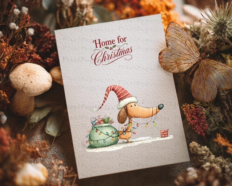 May include: A rectangular greeting card featuring the text Home for Christmas in red script. Below, a tan dachshund wears a red and white striped Santa hat, tangled in colorful string lights, standing next to a green sack of gifts.